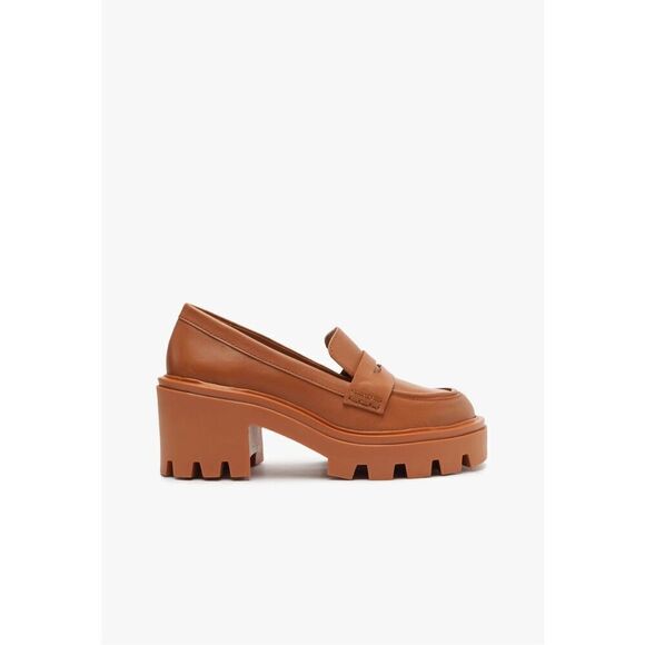 Schutz Women’s 90s Viola Tractor Leather Chunky Lug Sole Flat in Tan Rust Honey - Picture 2 of 13